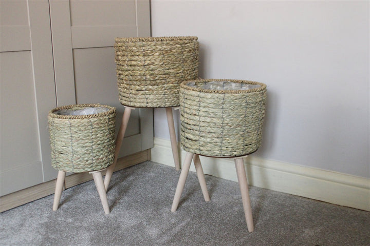 Set of Three Seagrass Planters On Stands