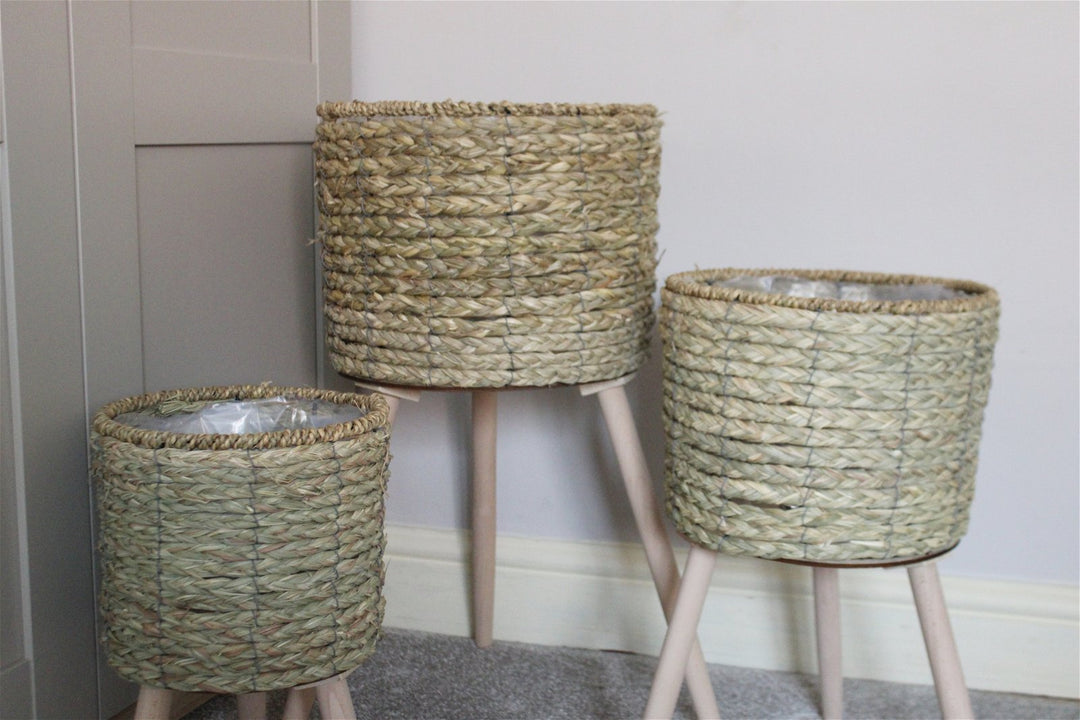 Set of Three Seagrass Planters On Stands