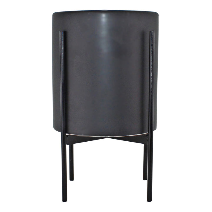 Modern Black Ceramic Planter in a Robust Iron Metal Stand - 28cm