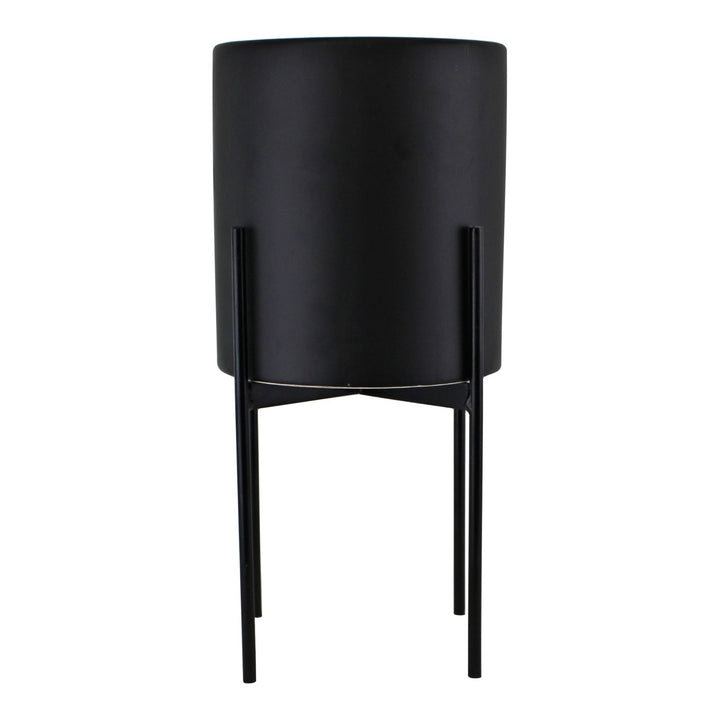 Modern Black Ceramic Planter in a Robust Iron Metal Stand - 28cm