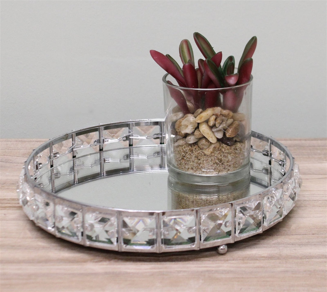 Small Mirrored Silver Tray With Bead Design, 21cm.