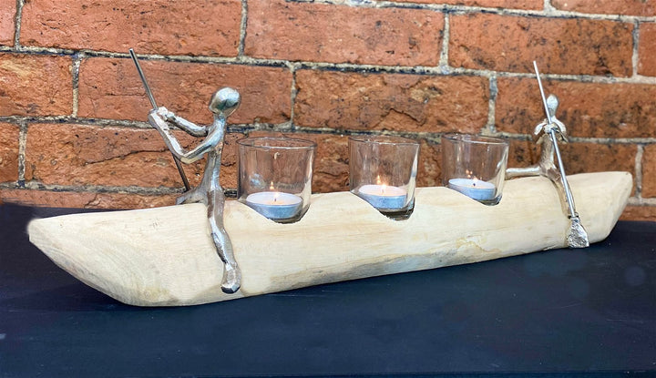 Three Tea Light Holder With Silver Men Rowing