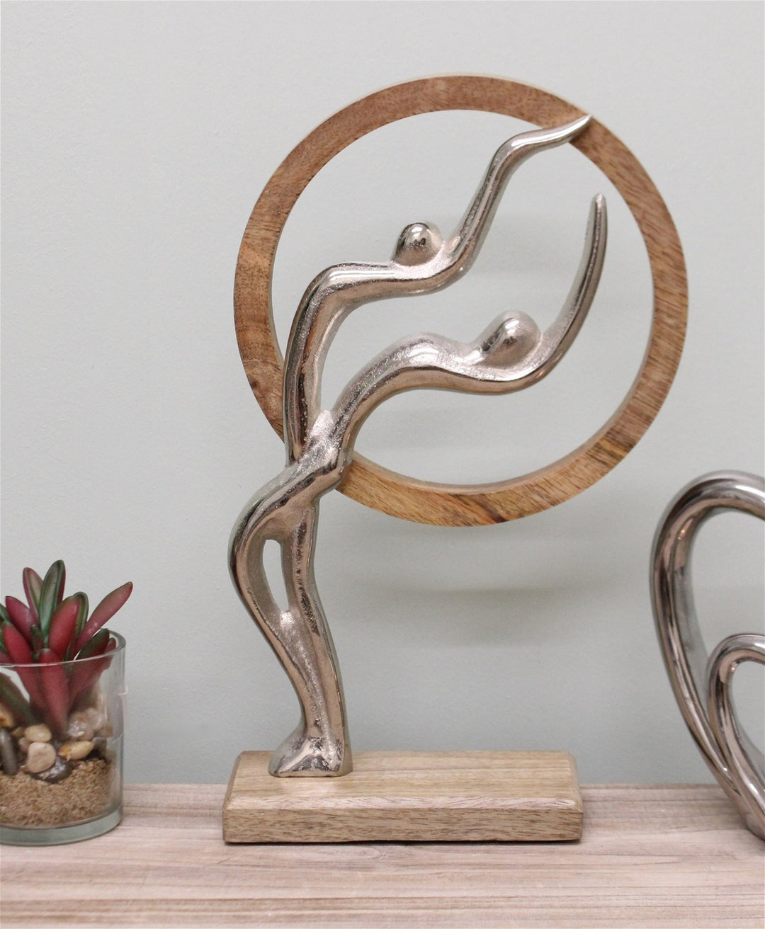 Abstract Ornament, Silver Couple In Wooden Circle, 31cm.