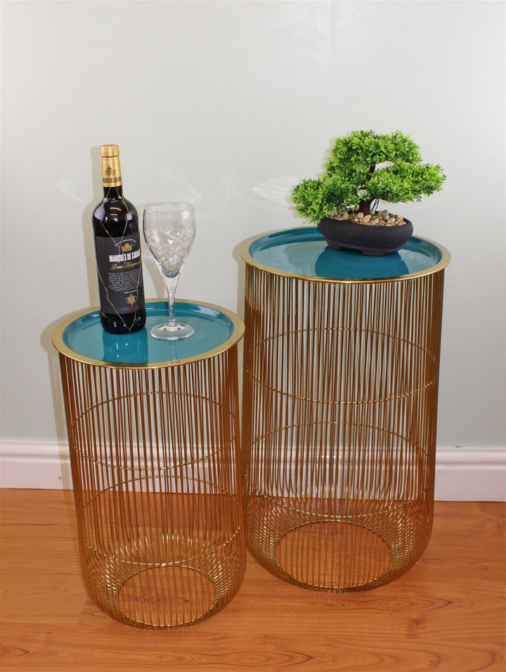 Set of 2 Decorative Side Tables in Gold & Teal