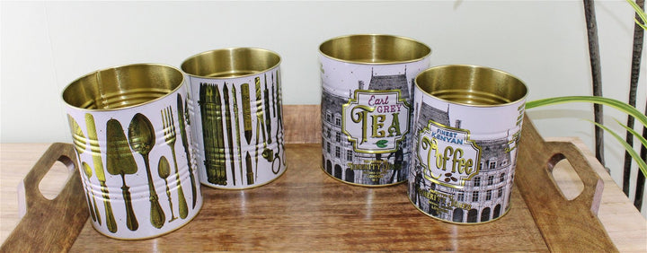 Set of 4 Vintage Style Storage Tins - Tea, Coffee, Utensitls and Pot Pen Tins