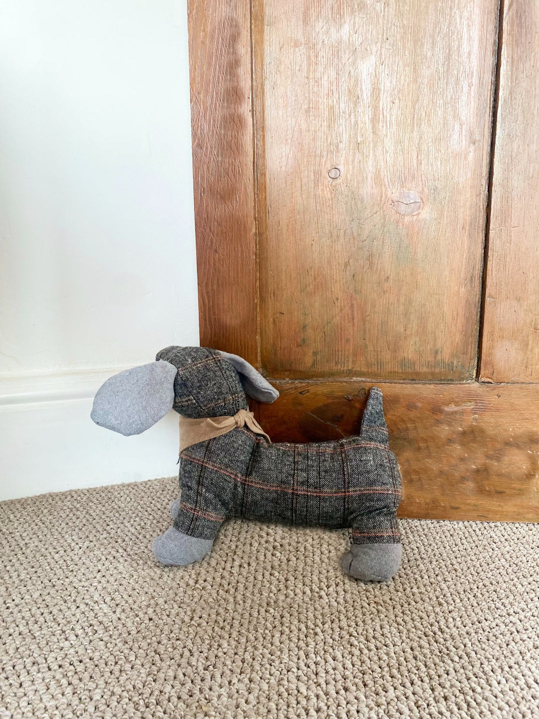 Tartan Fabric Sausage Dog Doorstop with Natural Bandana