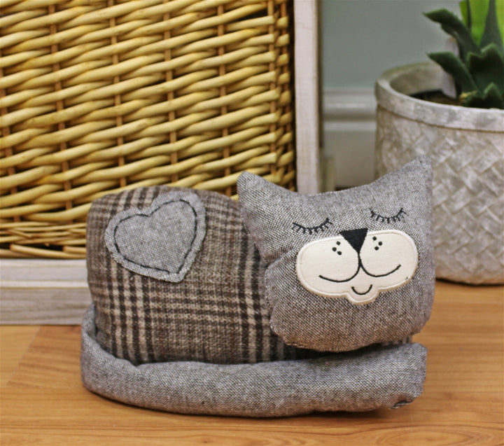 Sleeping Cat Fabric Doorstop, Brown