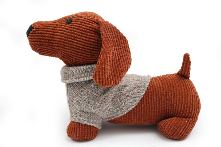 Adorable Orange Dog Doorstop with a Grey Jumper