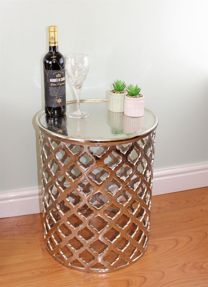 Decorative Silver Metal Side Table, Lattice design