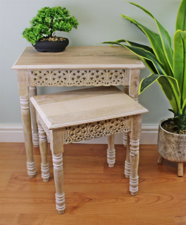 Set of 2 Carved Edge Wooden Side Tables