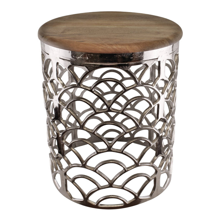 Decorative Silver Metal Side Table With A Wooden Top