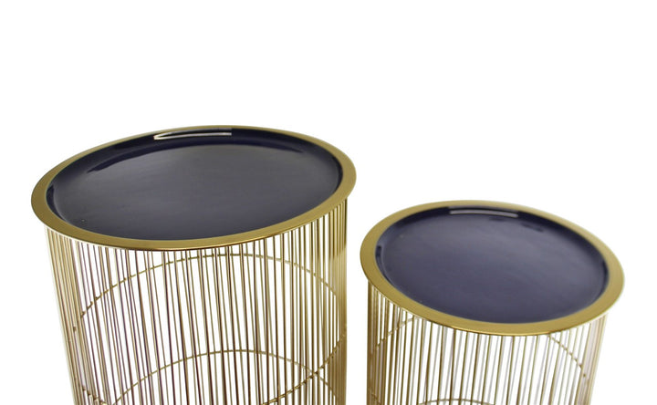 Set of 2 Decorative Side Tables in Gold & Navy Blue