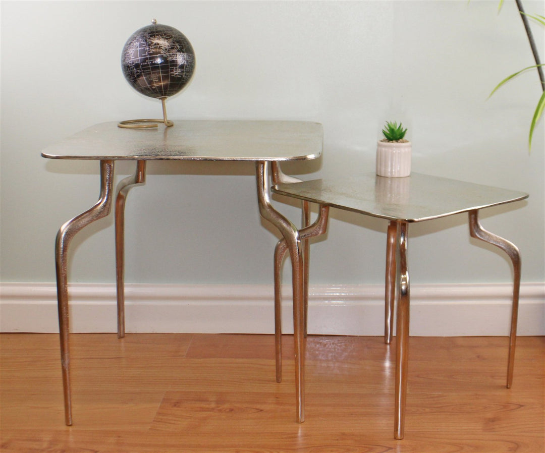 Set of 2 Square, Silver Metal Side Tables