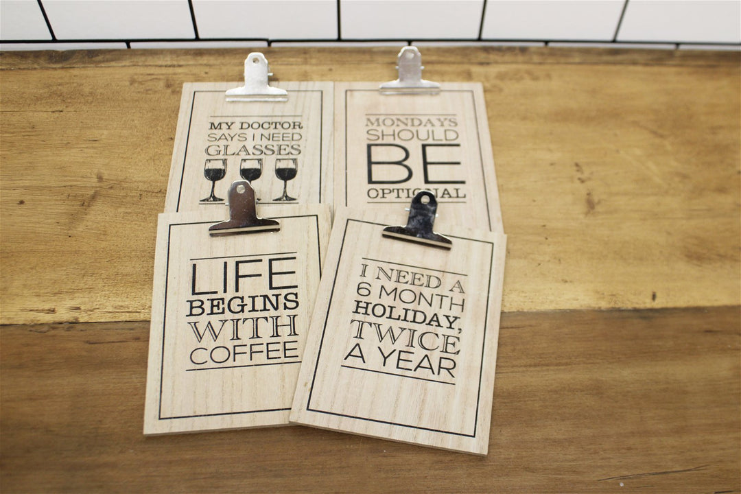 Set of Four Slogan Clipboards - Coffee, Wine, Holiday and Monday's