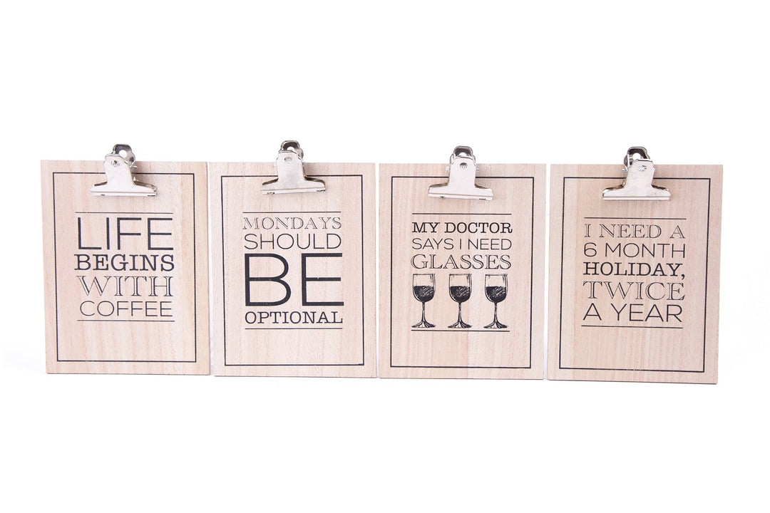 Set of Four Slogan Clipboards - Coffee, Wine, Holiday and Monday's