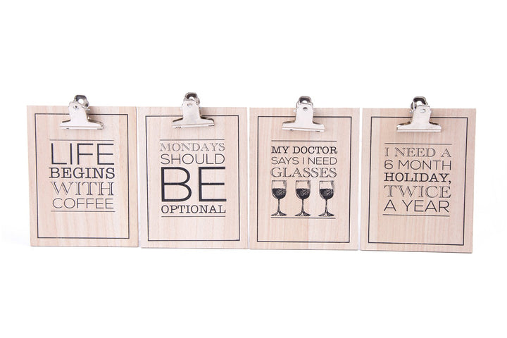 Set of Four Slogan Clipboards - Coffee, Wine, Holiday and Monday's