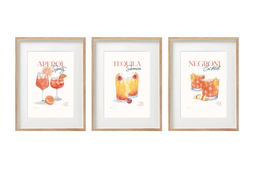 Set of Three Cocktail Recipe Wall Art in Frames