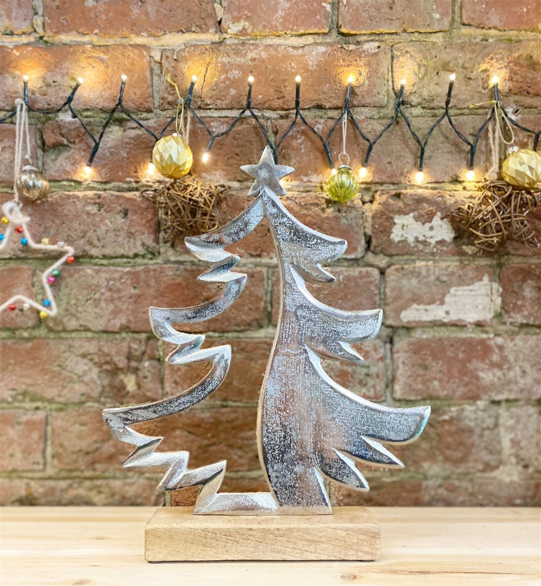 Silver Metal Tree On Wood Base