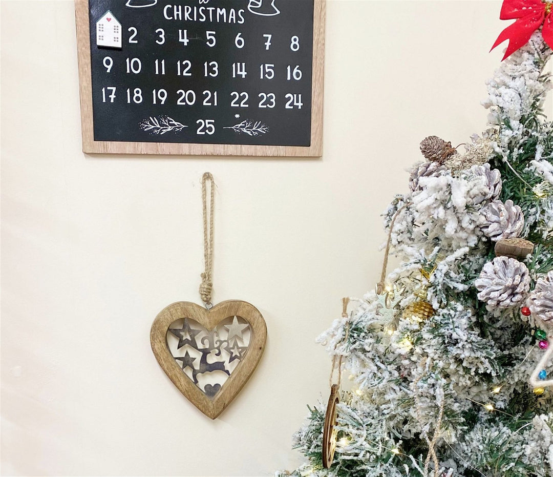 Small Wood Hanging Heart With Metal Reindeer & Stars