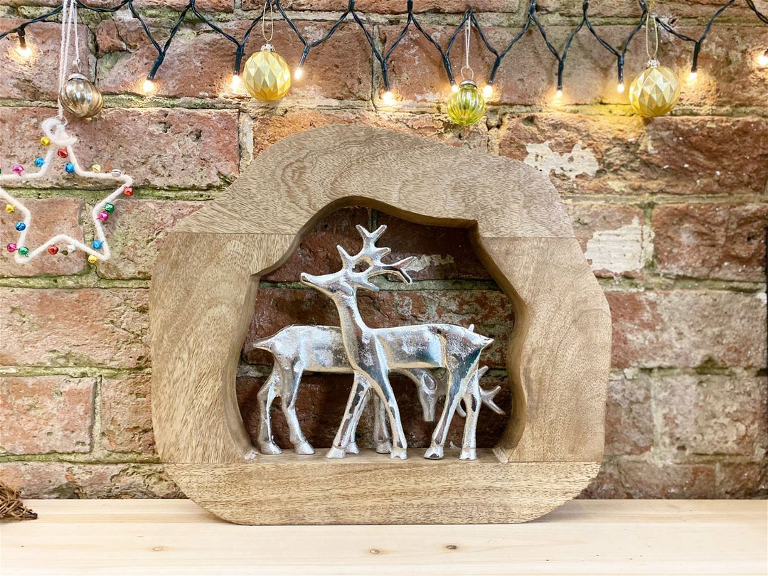 Wooden Log With Silver Metal Reindeers