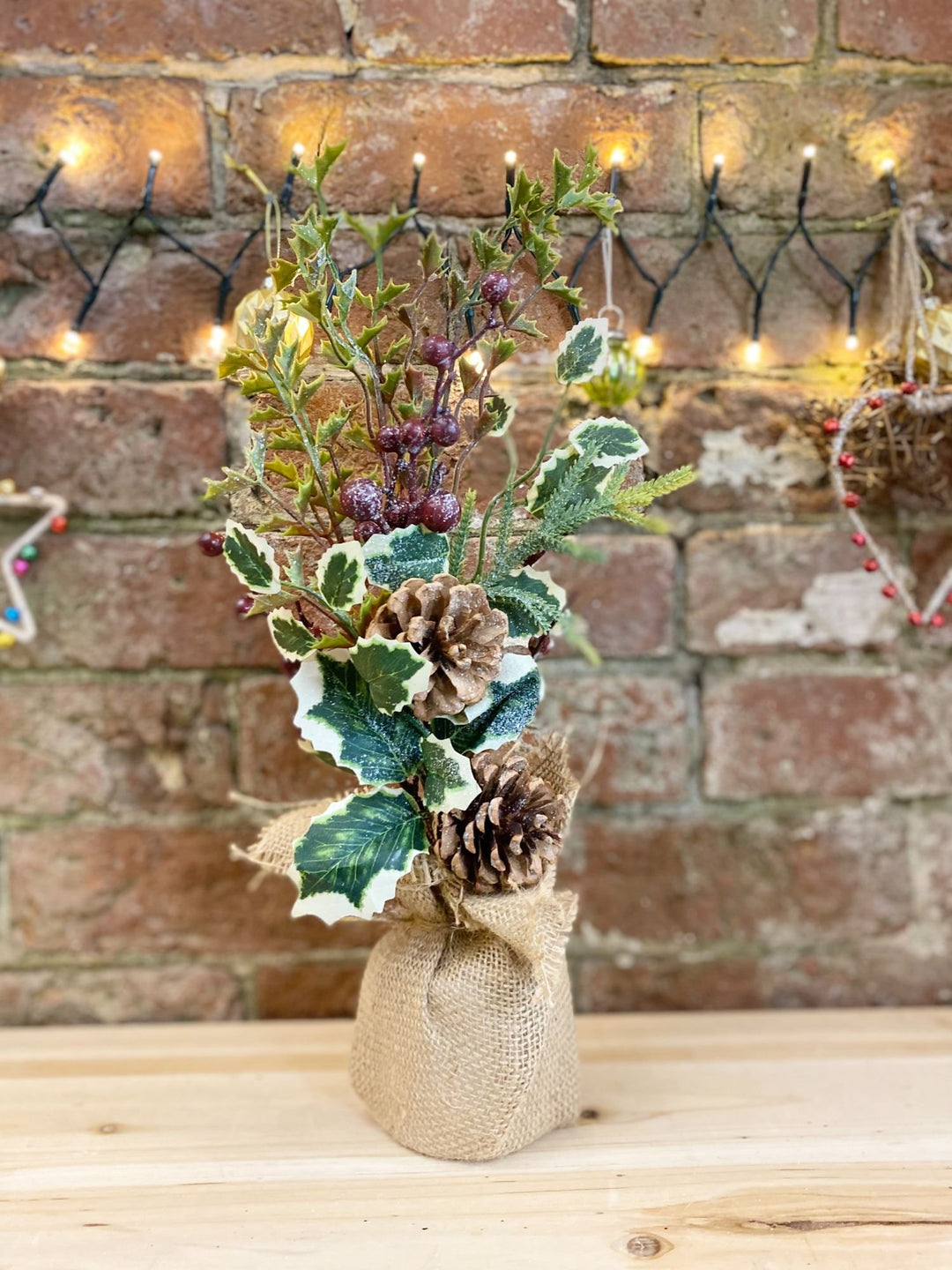 Pinecone & Berries Display In Hessian Sack