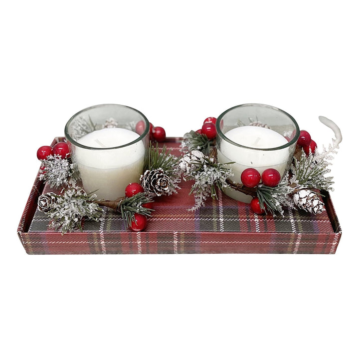 White Set Of 2 Candle Pots With Red Wreath