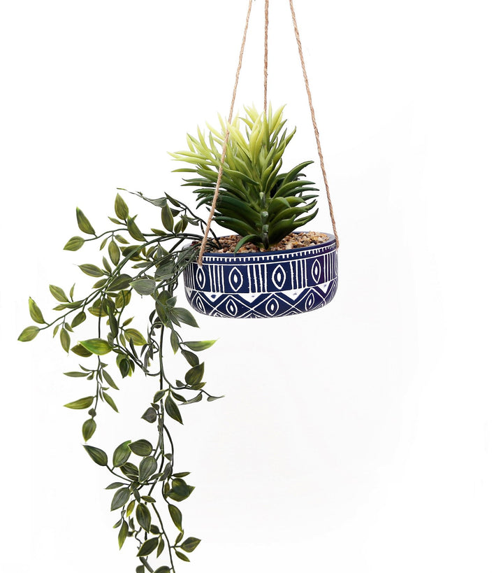 Blue Ceramic Hanging Pot with Plants