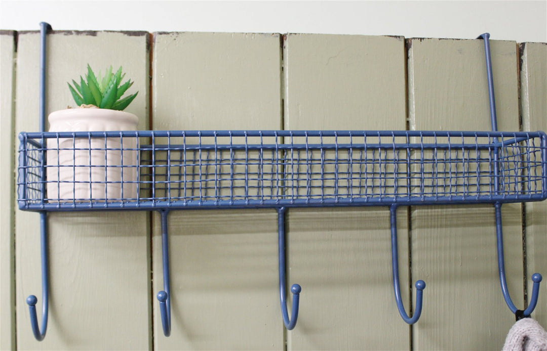 Mesh Over Door Shelf With 5 Hooks Blue